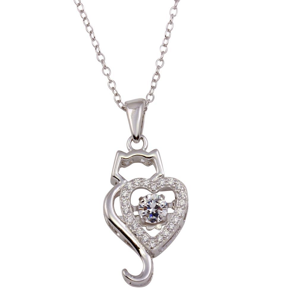 925 Sterling Silver Rhodium Plated Dancing CZ Heart Cat Necklace