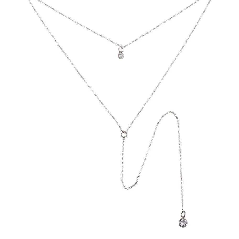 925 Sterling Silver Rhodium Plated Double Chain Drop Necklace with CZ