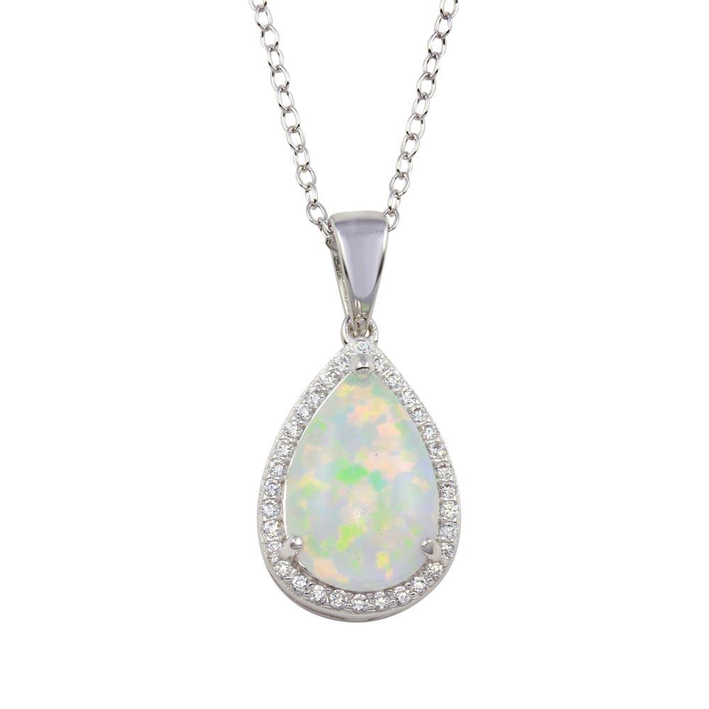 925 Sterling Silver Rhodium Plated Teardrop Synthetic Opal Pendant Necklace with CZ