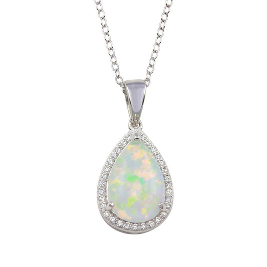 925 Sterling Silver Rhodium Plated Teardrop Synthetic Opal Pendant Necklace with CZ