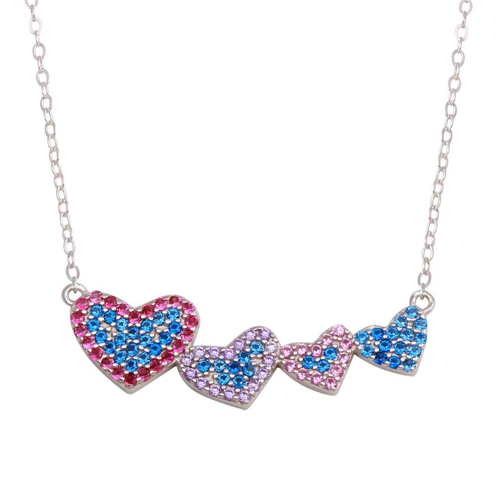 925 Sterling Silver Rhodium Plated Rainbow Multi Color CZ 4 Hearts Necklace