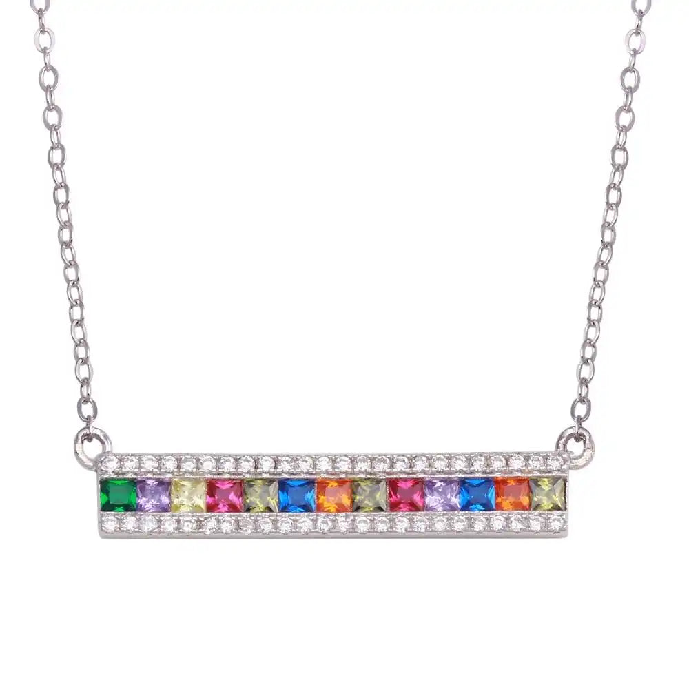925 Sterling Silver Rhodium Plated Rainbow Multi Color CZ Bar Necklace