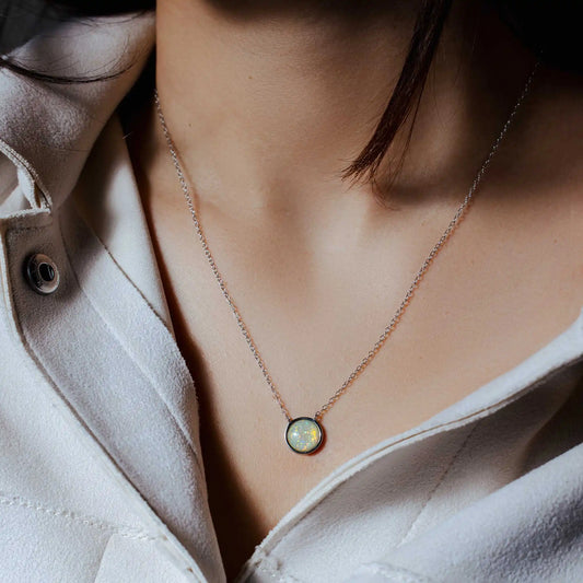 925 Sterling Silver Rhodium Plated Disc Synthetic Opal Necklace with CZ