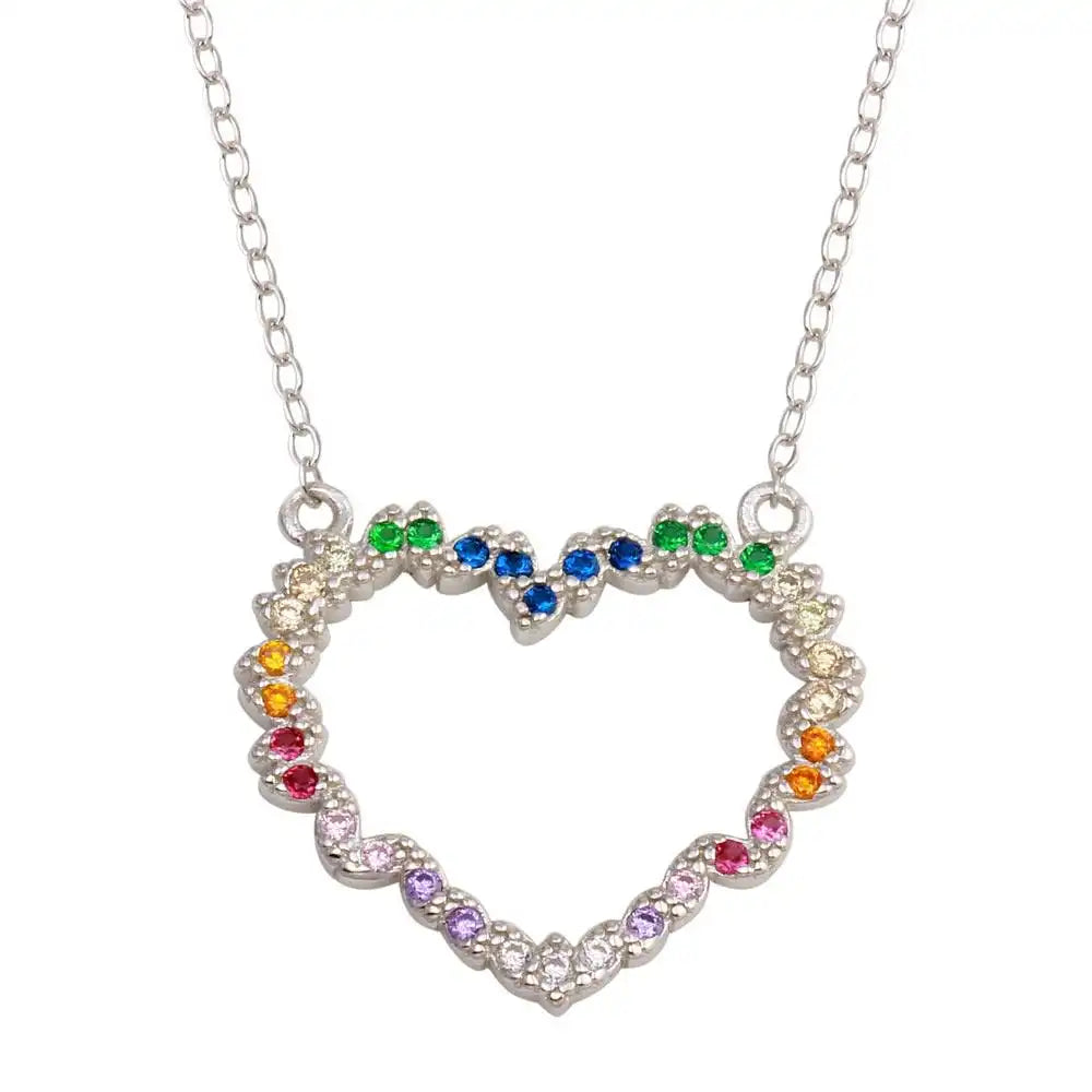 925 Sterling Silver Rhodium Plated Rainbow Multi Color CZ Hearts Necklace