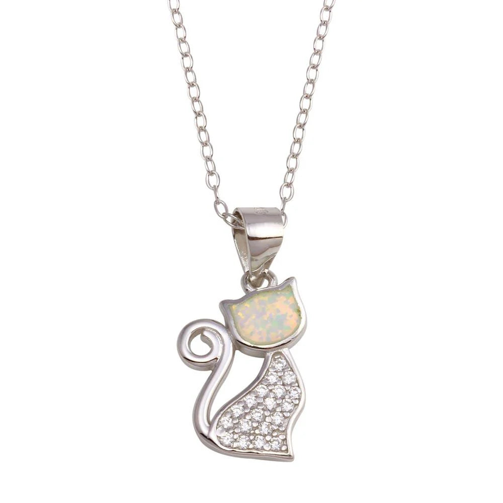 925 Sterling Silver Rhodium Plated CZ Opal Cat Necklace