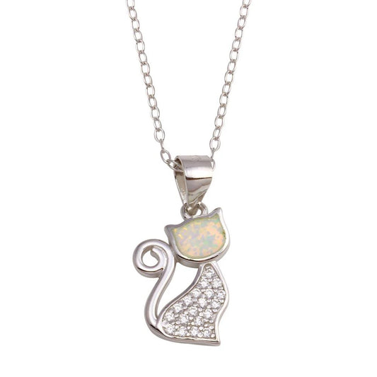 925 Sterling Silver Rhodium Plated CZ Opal Cat Necklace