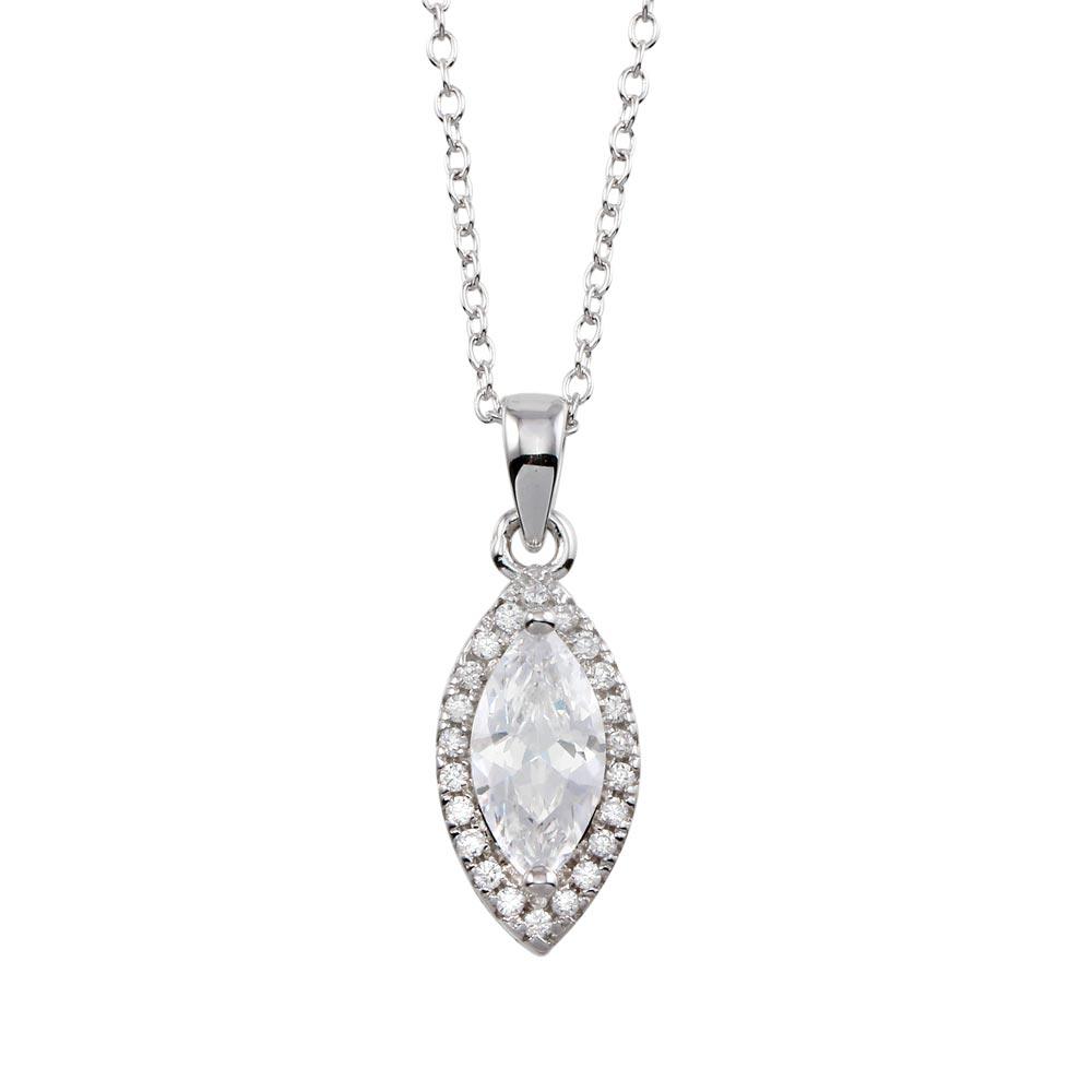 925 Sterling Silver Rhodium Plated Clear CZ Halo Marquise Shaped Necklace
