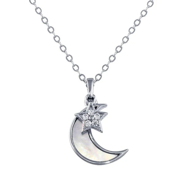 925 Sterling Silver Rhodium Plated CZ Synthetic Mother of Pearl Star and Crescent Moon Necklace