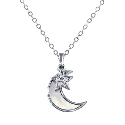 925 Sterling Silver Rhodium Plated CZ Synthetic Mother of Pearl Star and Crescent Moon Necklace