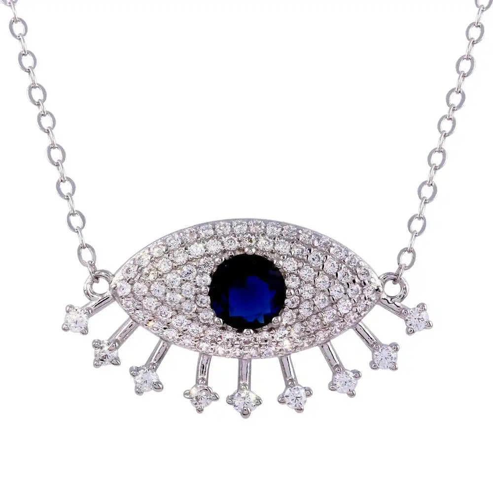 925 Sterling Silver Rhodium Plated Large Evil Eye Pendant Necklace with Clear and Blue CZ