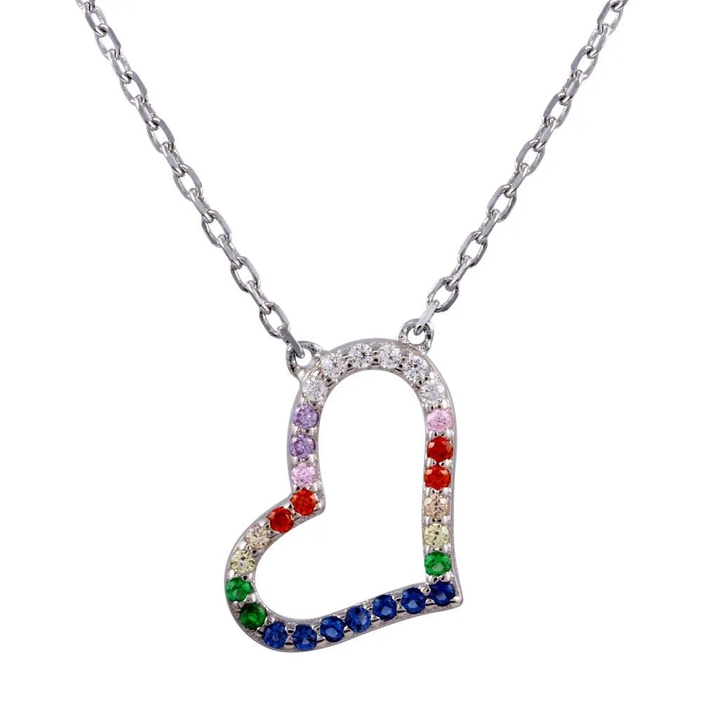 925 Sterling Silver Rhodium Plated Open Heart Multi Color CZ Necklace