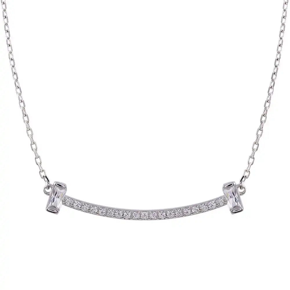 925 Sterling Silver Rhodium Plated CZ Bar Necklace