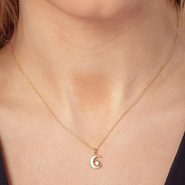 925 Sterling Silver Gold Plated CZ Synthetic Mother of Pearl Star and Crescent Moon Necklace