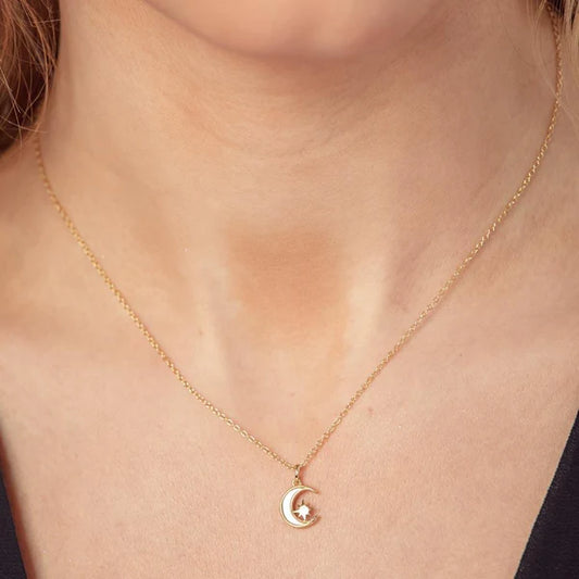 925 Sterling Silver Gold Plated CZ Synthetic Mother of Pearl Star and Crescent Moon Necklace