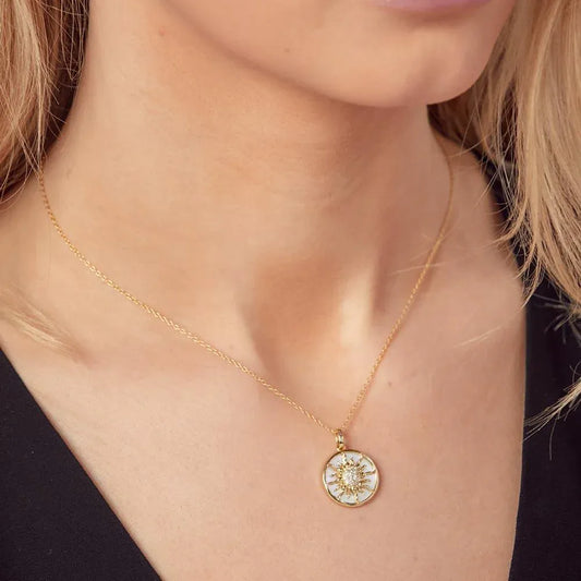 925 Sterling Silver Gold Plated MOP CZ Sun Necklace