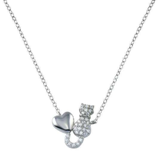 925 Sterling Silver Rhodium Plated Cat Heart Necklace