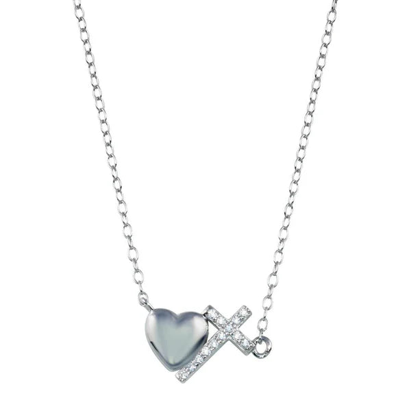 925 Sterling Silver Rhodium Plated Heart Cross Necklace