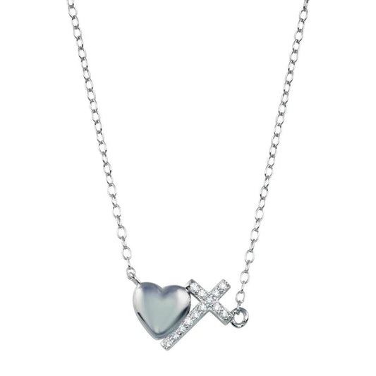 925 Sterling Silver Rhodium Plated Heart Cross Necklace