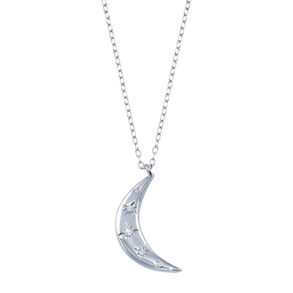 925 Sterling Silver Rhodium Plated Moon CZ Necklace