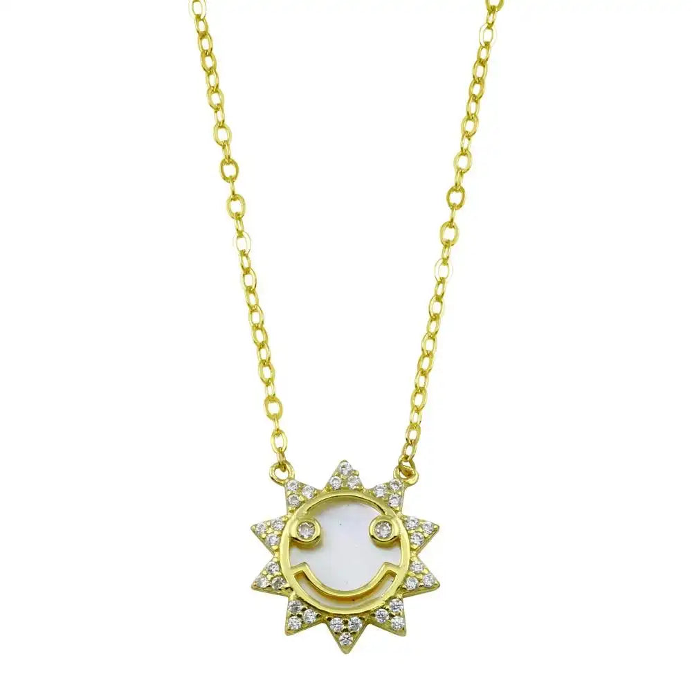 925 Sterling Silver Gold Plated CZ Synthetic MOP Sun Necklace