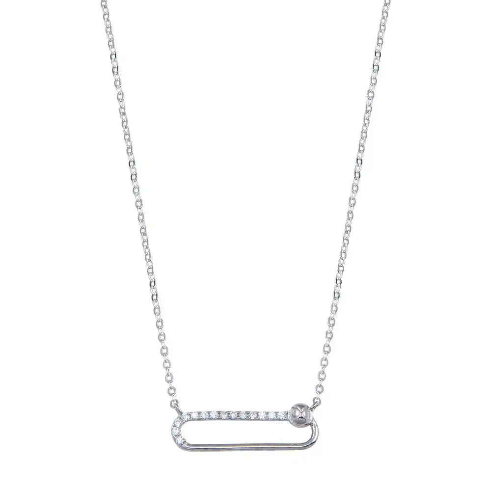 925 Sterling Silver Rhodium Plated CZ Paperclip Necklace