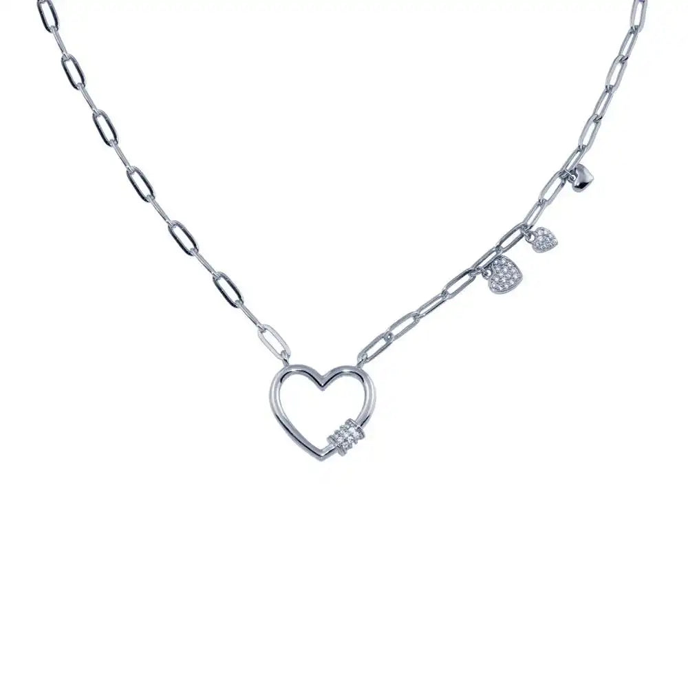 925 Sterling Silver Rhodium Plated Heart CZ Paperclip Necklace
