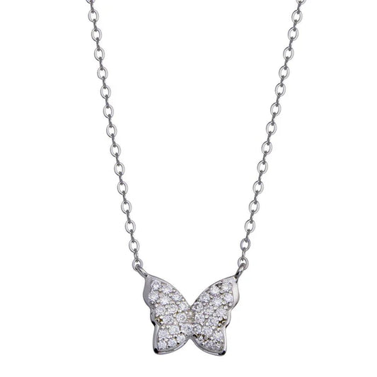 925 Sterling Silver Rhodium Plated Butterfly CZ Necklace