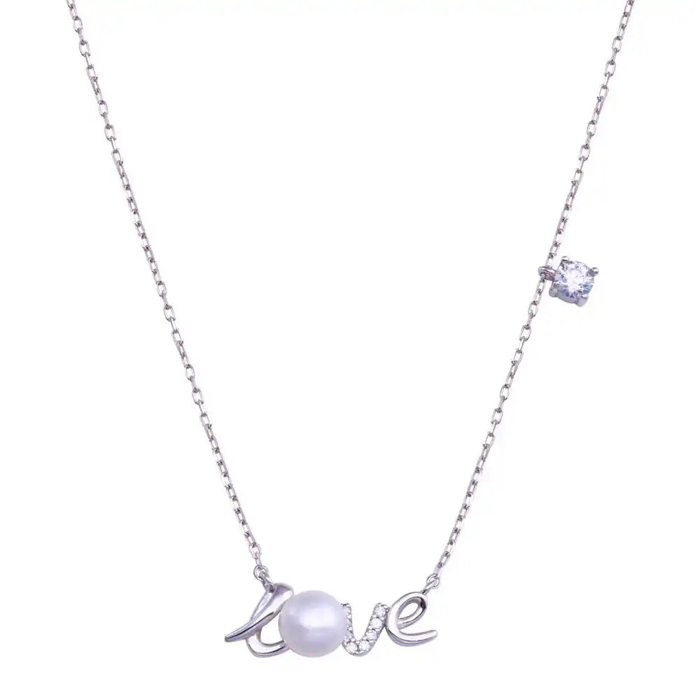 925 Sterling Silver Rhodium Plated Love Mother of Pearl and CZ Necklace