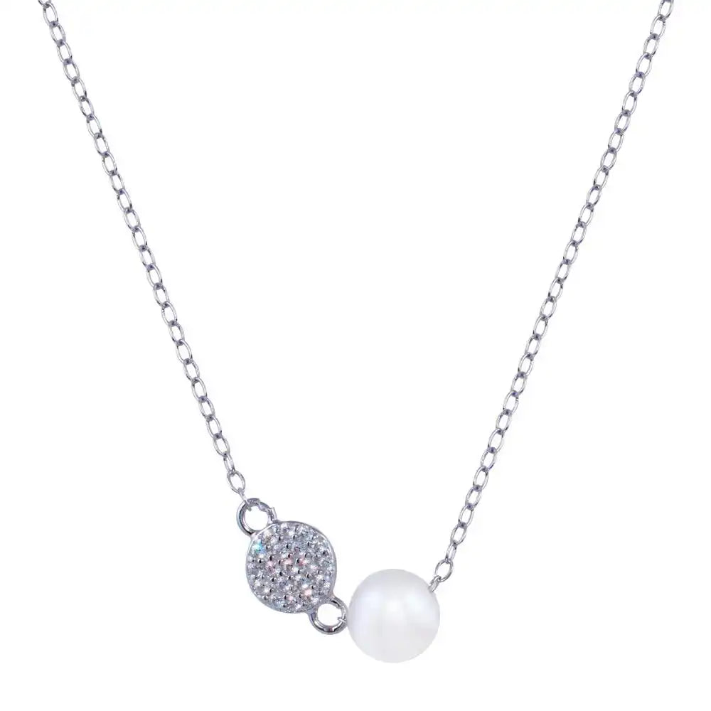 925 Sterling Silver Rhodium Plated Fresh Water Pearl Round Charm Clear CZ Necklace