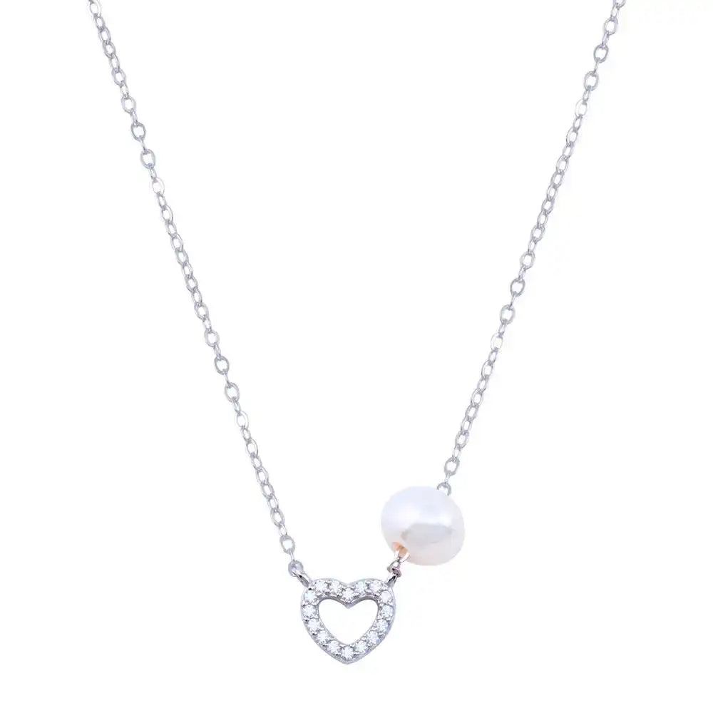 925 Sterling Silver Rhodium Plated Fresh Water Pearl Heart Charm Clear CZ Necklace