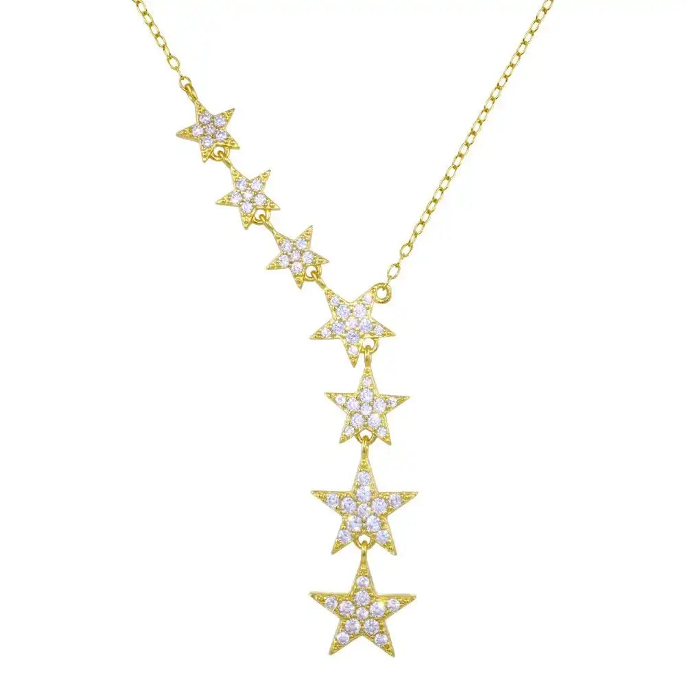 925 Sterling Silver Gold Plated Stars Clear CZ Necklace