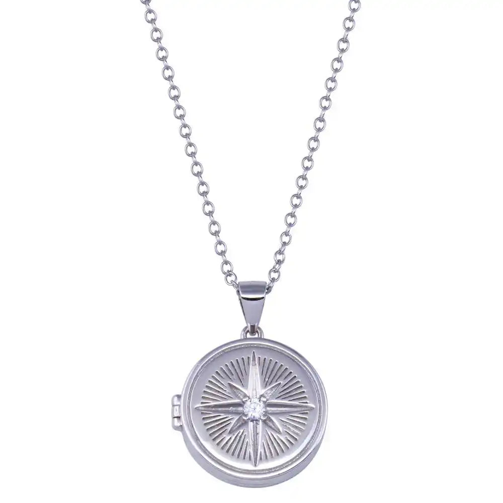 925 Sterling Silver Rhodium Plated Northstar Locket Clear CZ Necklace