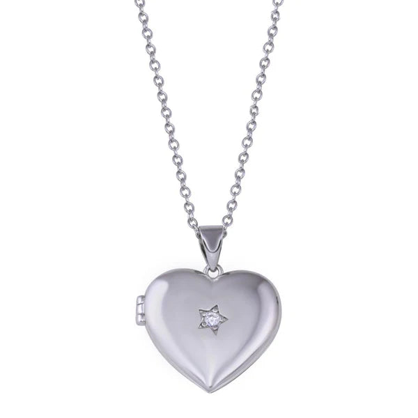 925 Sterling Silver Rhodium Plated Heart Locket Star Clear CZ Necklace