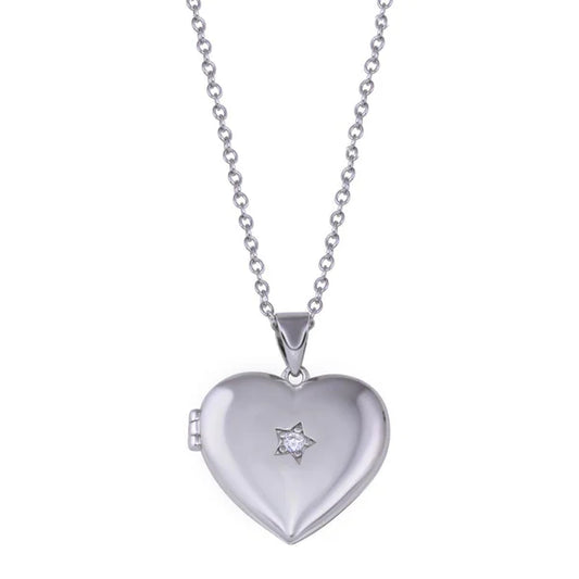 925 Sterling Silver Rhodium Plated Heart Locket Star Clear CZ Necklace