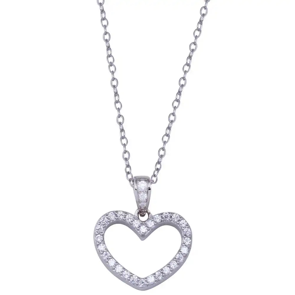 925 Sterling Silver Rhodium Plated Heart Clear CZ Necklace