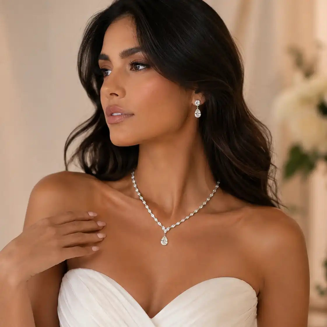 925 Sterling Silver Rhodium Plated Teardrop Round and Oval Clear CZ Bridal Necklace