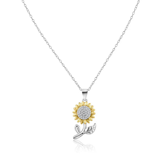 925 Sterling Silver Rhodium Plated 2 Tone Sunflower CZ Pendant