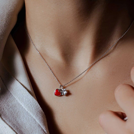 925 Sterling Silver Rhodium Plated Dog Paw Red Enamel Heart Pendant Necklace