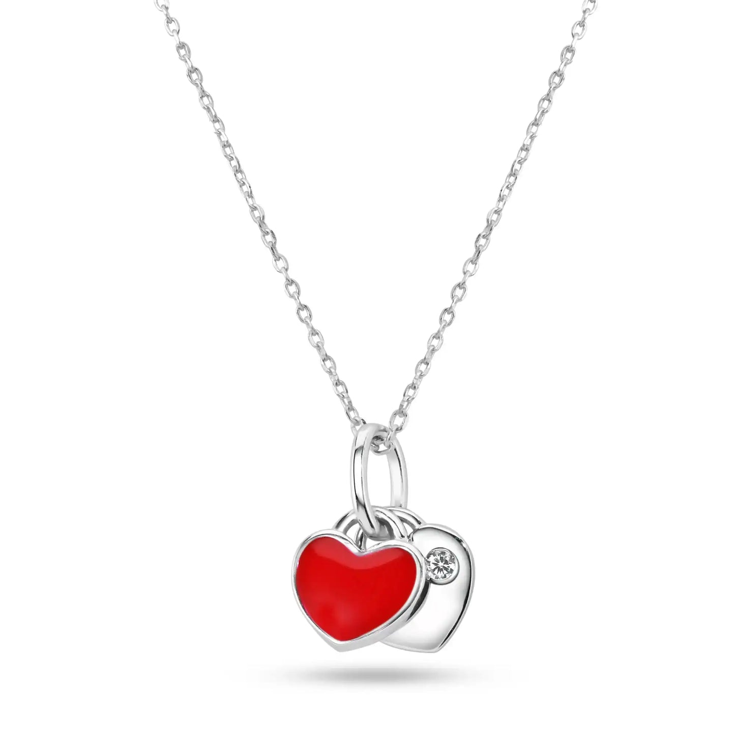 925 Sterling Silver Rhodium Plated Heart Red Enamel Heart Clear CZ Pendant Necklace