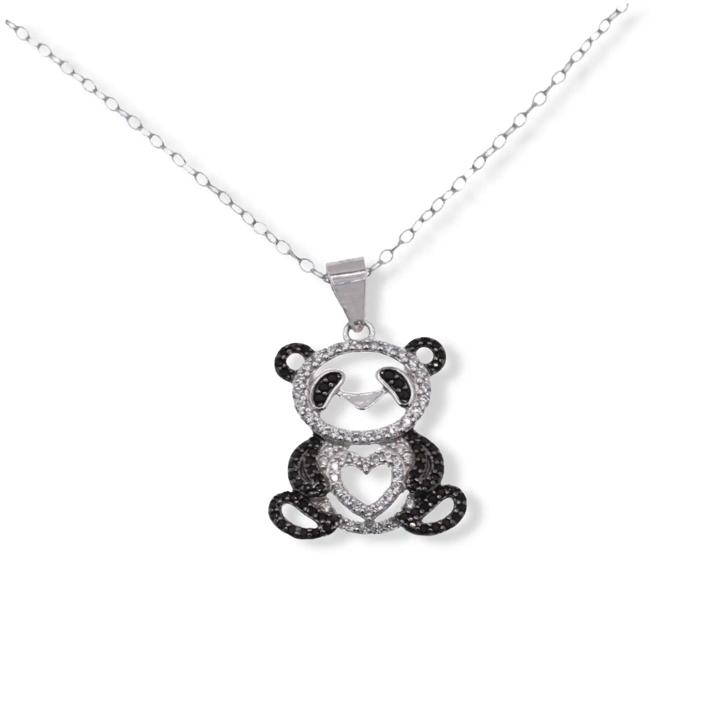 925 Sterling Silver Rhodium Plated Panda Heart Black and Clear CZ Pendant Necklace