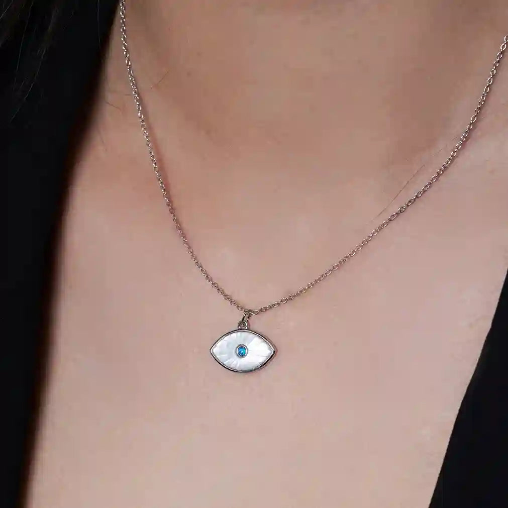 925 Sterling Silver Rhodium Plated Synthetic White Pearl Evil Eye Blue CZ Pendant Necklace