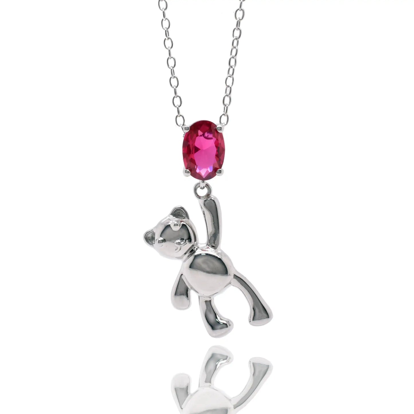 925 Sterling Silver Rhodium Plated Teddy Bear Synthetic Ruby Red CZ Pendant Necklace