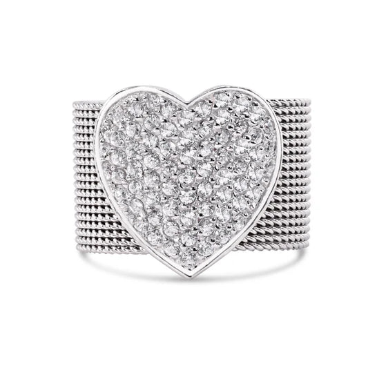 925 Sterling Silver Rhodium Plated Clearance Multi Chain CZ Heart Ring