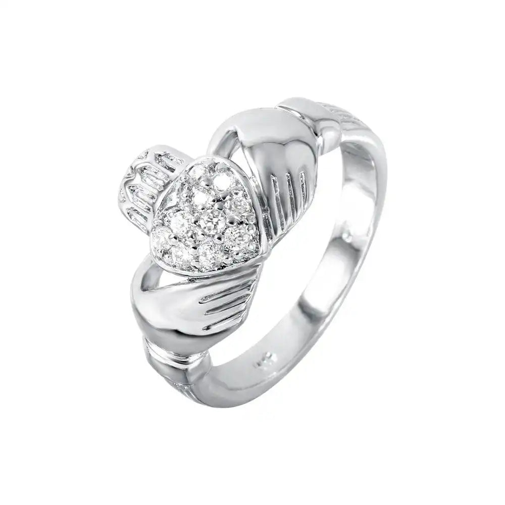 925 Sterling Silver Rhodium Plated Silver CZ Claddagh Ring