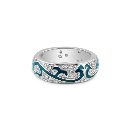 925 Sterling Silver Rhodium Plated Blue Enamel Pave Set CZ Eternity Ring