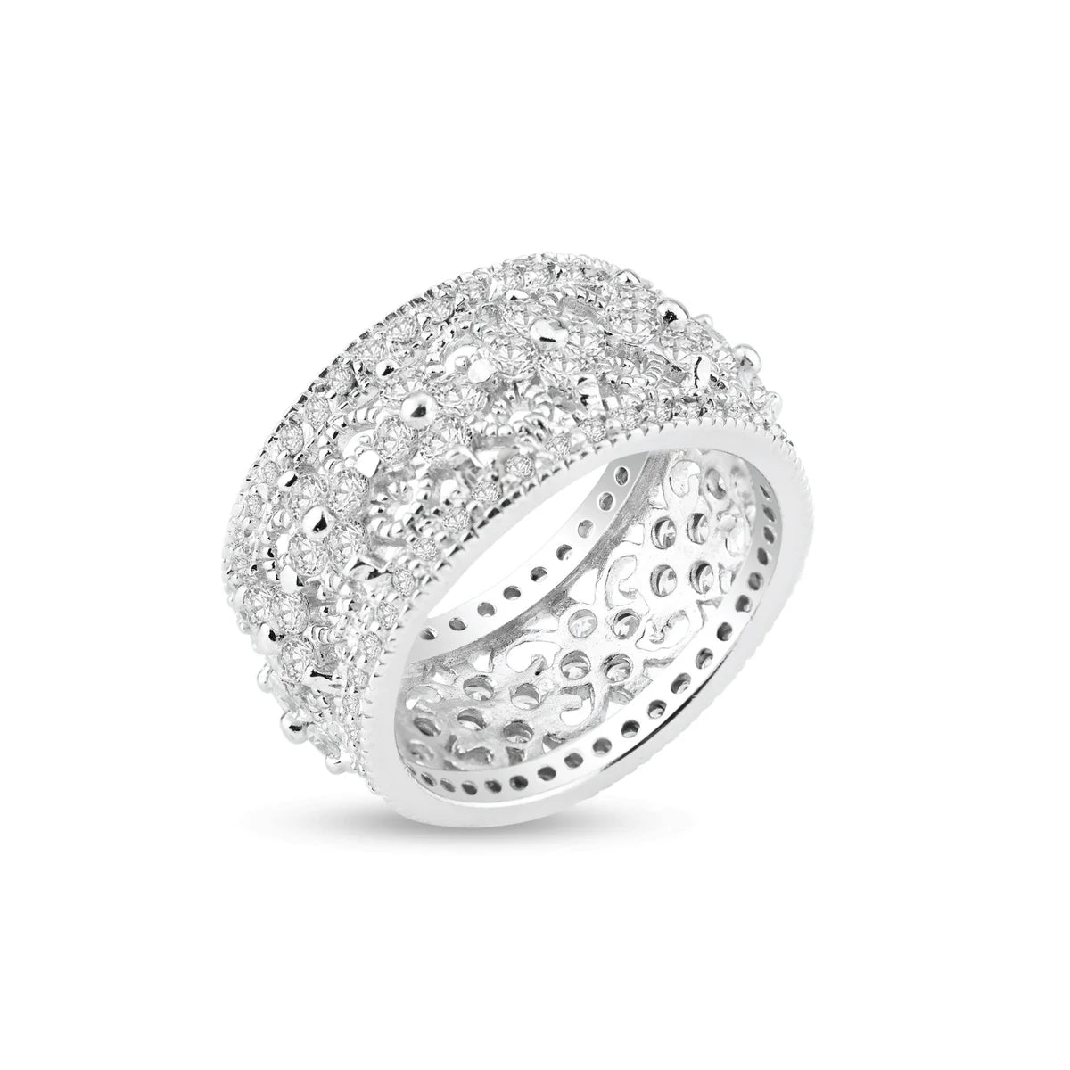 925 Silver Rhodium Plated CZ Orante Flower Eternity Ring