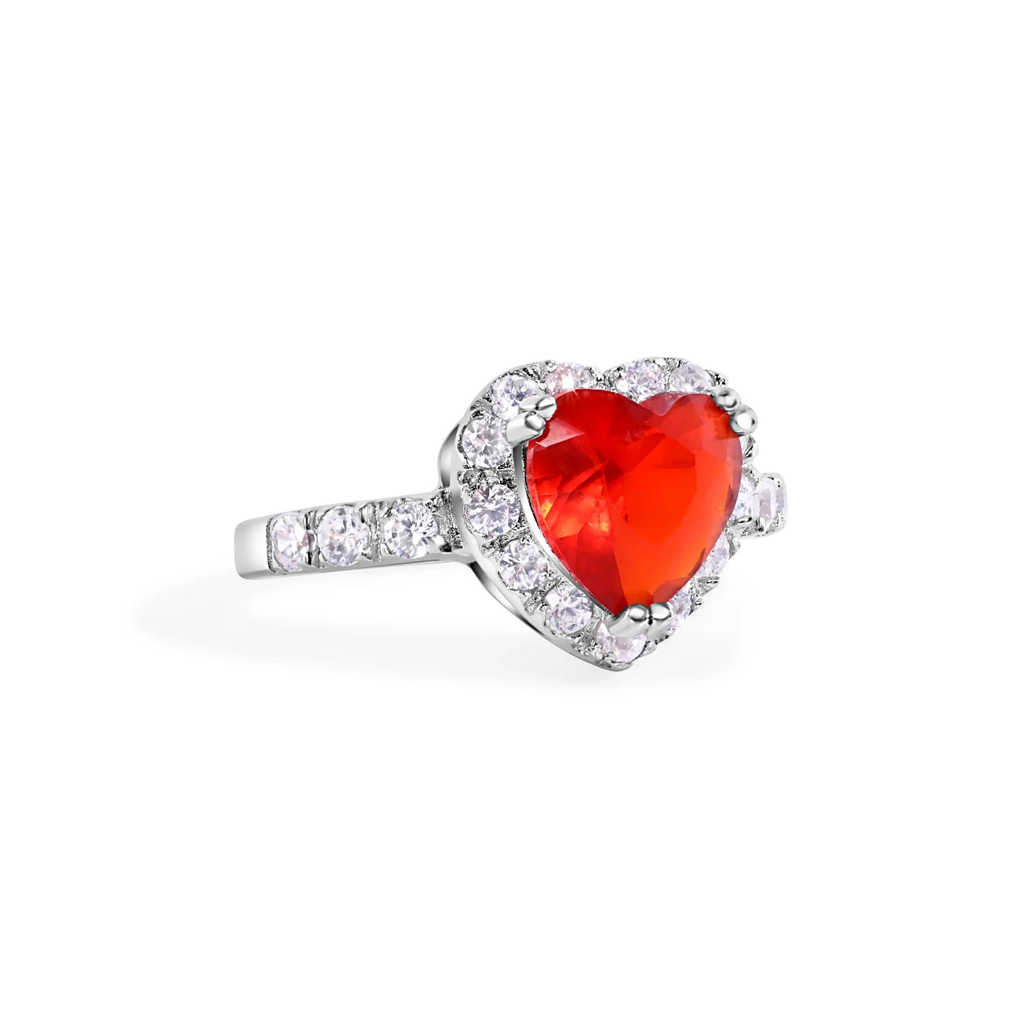 925 Sterling Silver Rhodium Plated Red Cluster CZ Heart Bridal Ring