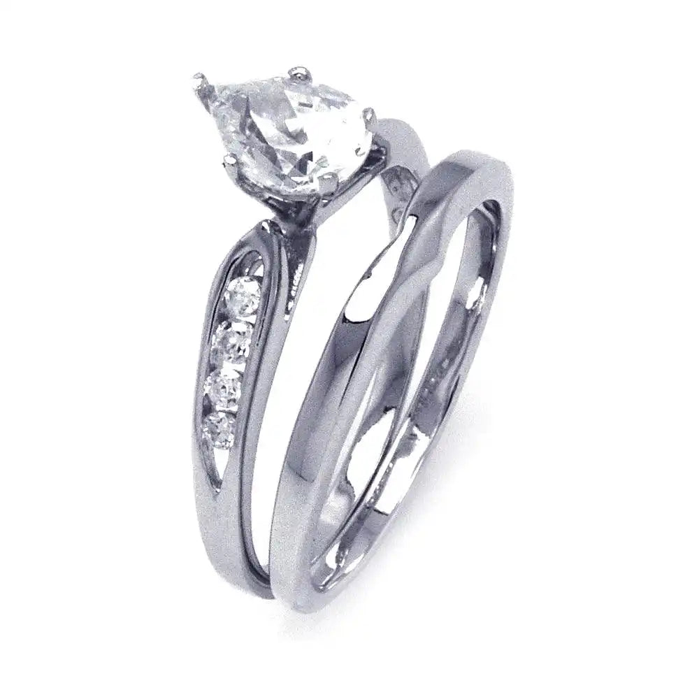 925 Sterling Silver Rhodium Plated Clear Teardrop CZ Bridal Ring Set