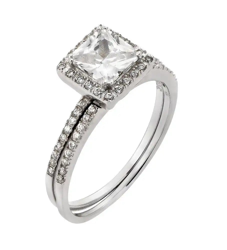 925 Sterling Silver Rhodium Plated Band Square CZ Ring