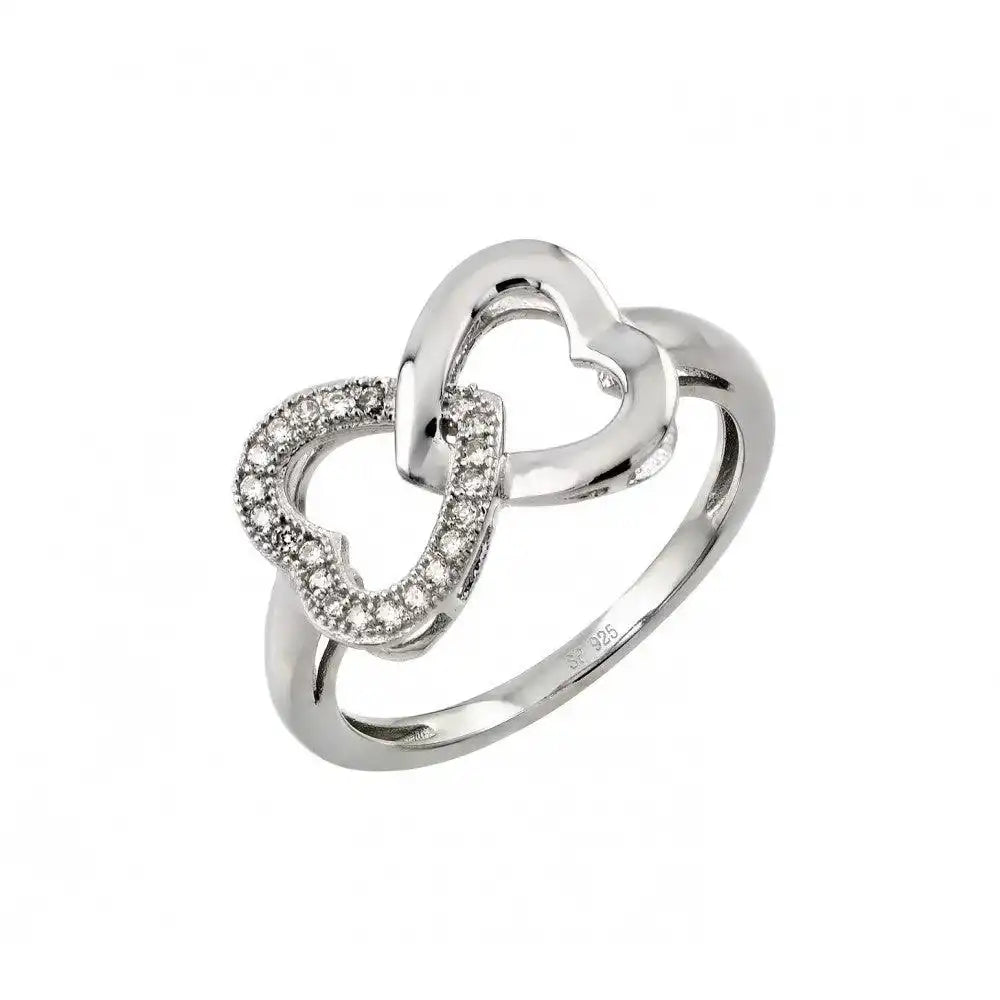 925 Sterling Silver Rhodium Plated Clear Inlay CZ Intertwined Heart Ring